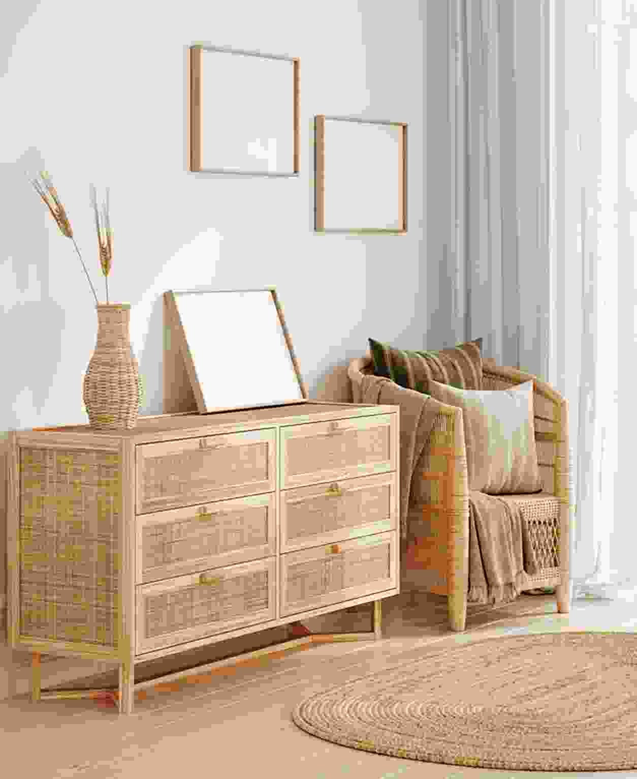 A furnished living room with warm neutral tones