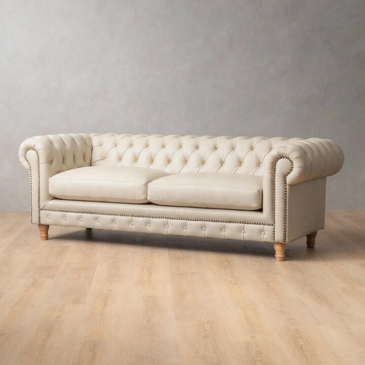 Chesterfield 4 Seater Leather Couch – Cream