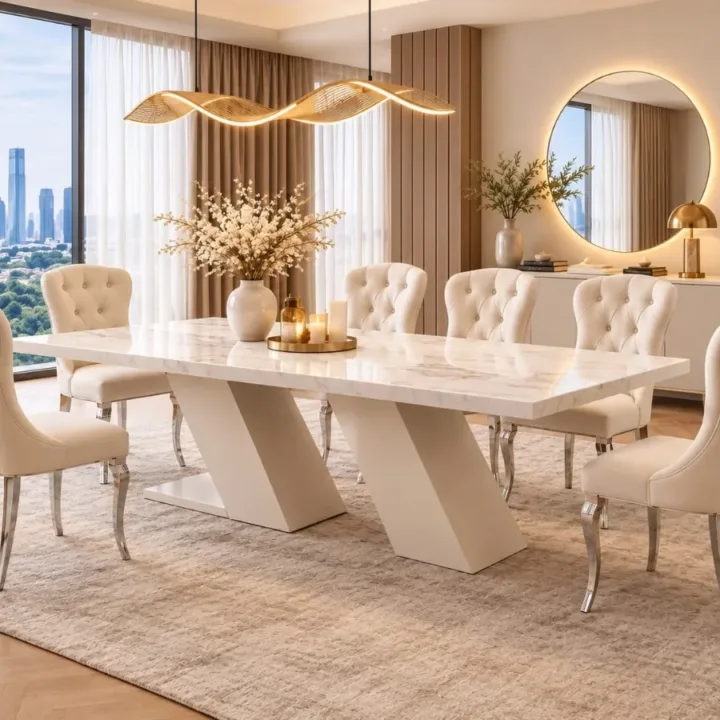 Prestige Marble Dining Table Set with Tufted Chairs