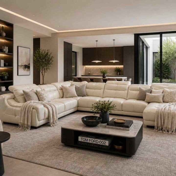 Signature Cream Sectional Sofa With Marble Coffee Table