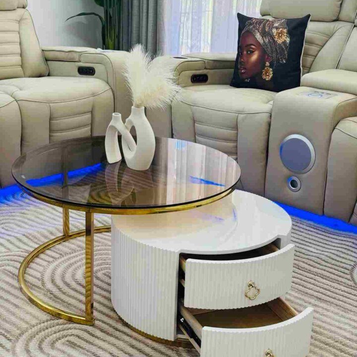 Elite Beige Leather Recliner Set With Designer Coffee Table
