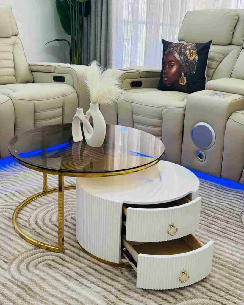 Elite Beige Leather Recliner Set With Designer Coffee Table