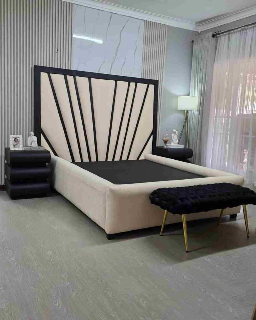 Geometric Cream Upholstered Bedframe With Designer Headboard