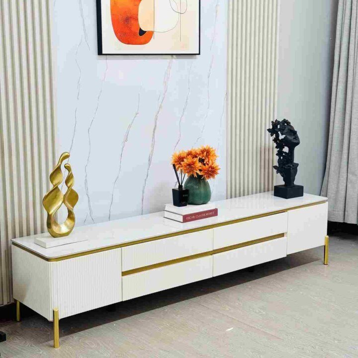 White & Gold TV Console With Marble Top