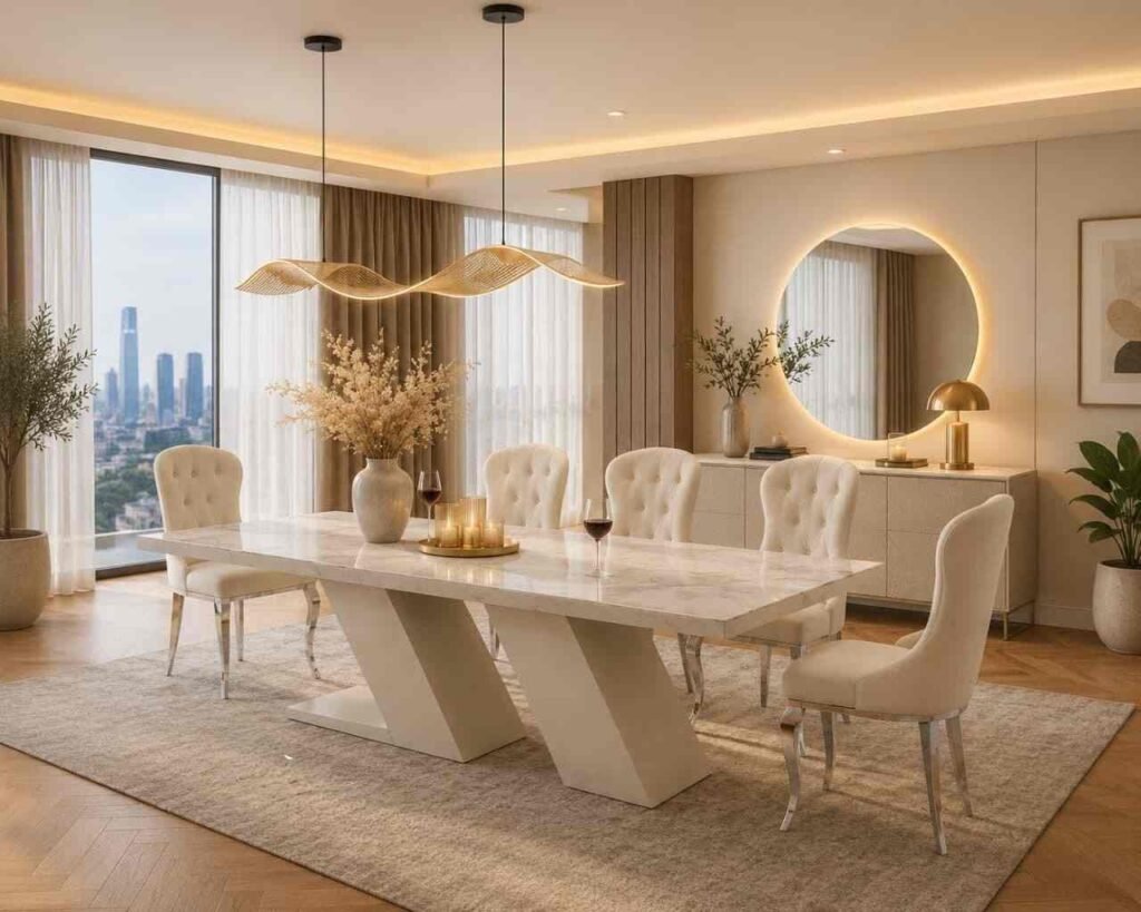 Prestige Marble Dining Table Set With Tufted Chairs