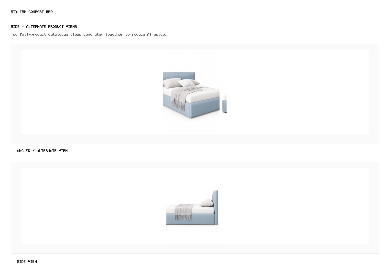 Stylish Comfort Bed angled alternate and side product views