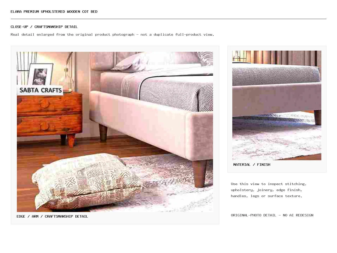 Elara Premium Upholstered Wooden Cot Bed Closeup