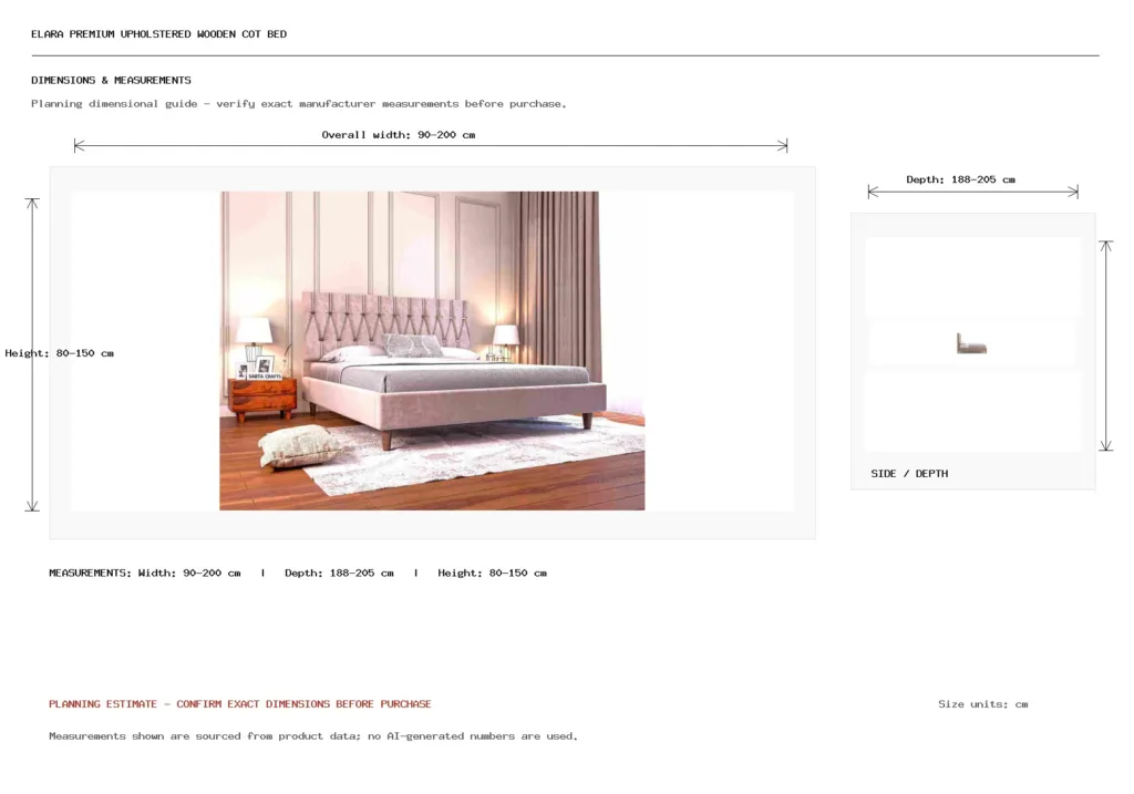 Elara Premium Upholstered Wooden Cot Bed Dimension