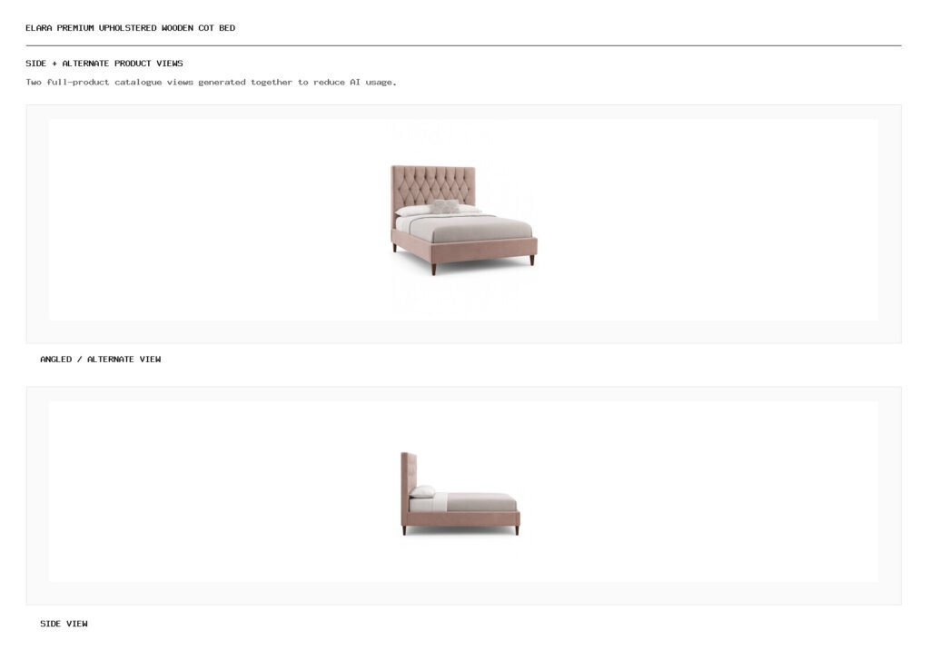 Elara Premium Upholstered Wooden Cot Bed angled alternate and side product views