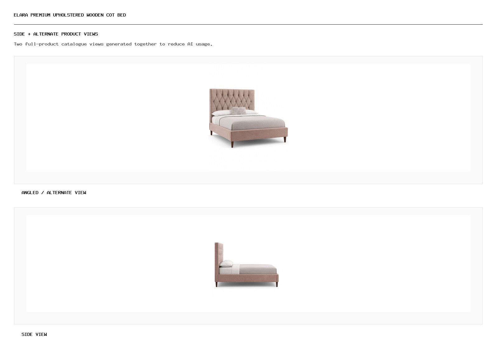 Elara Premium Upholstered Wooden Cot Bed angled alternate and side product views