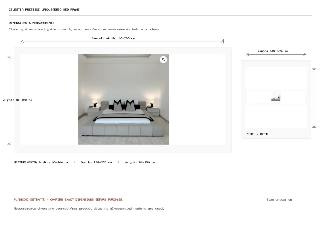 CELESTIA PRESTIGE UPHOLSTERED BED FRAME Dimension