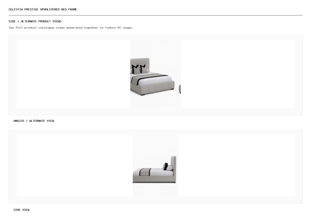 CELESTIA PRESTIGE UPHOLSTERED BED FRAME angled alternate and side product views