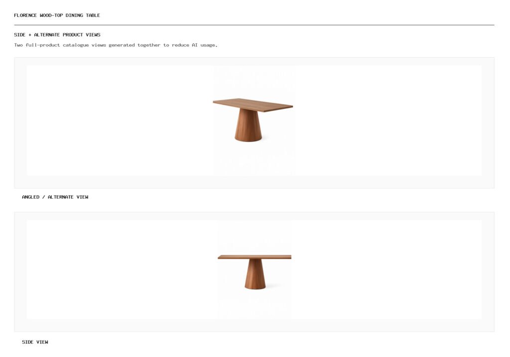FLORENCE WOOD-TOP DINING TABLE angled alternate and side product views
