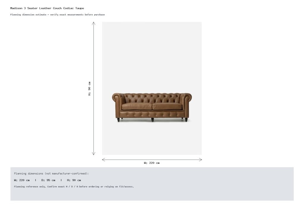 Madison 3 Seater Leather Couch Codiac Taupe Dimension