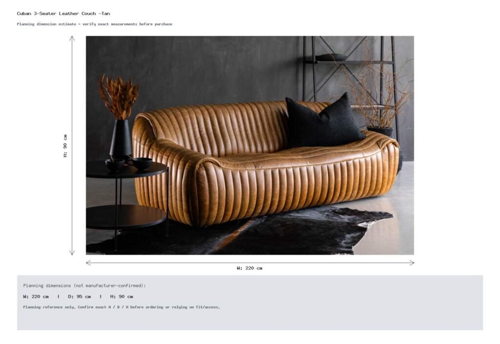 Cuban 3-Seater Leather Couch -Tan Dimension