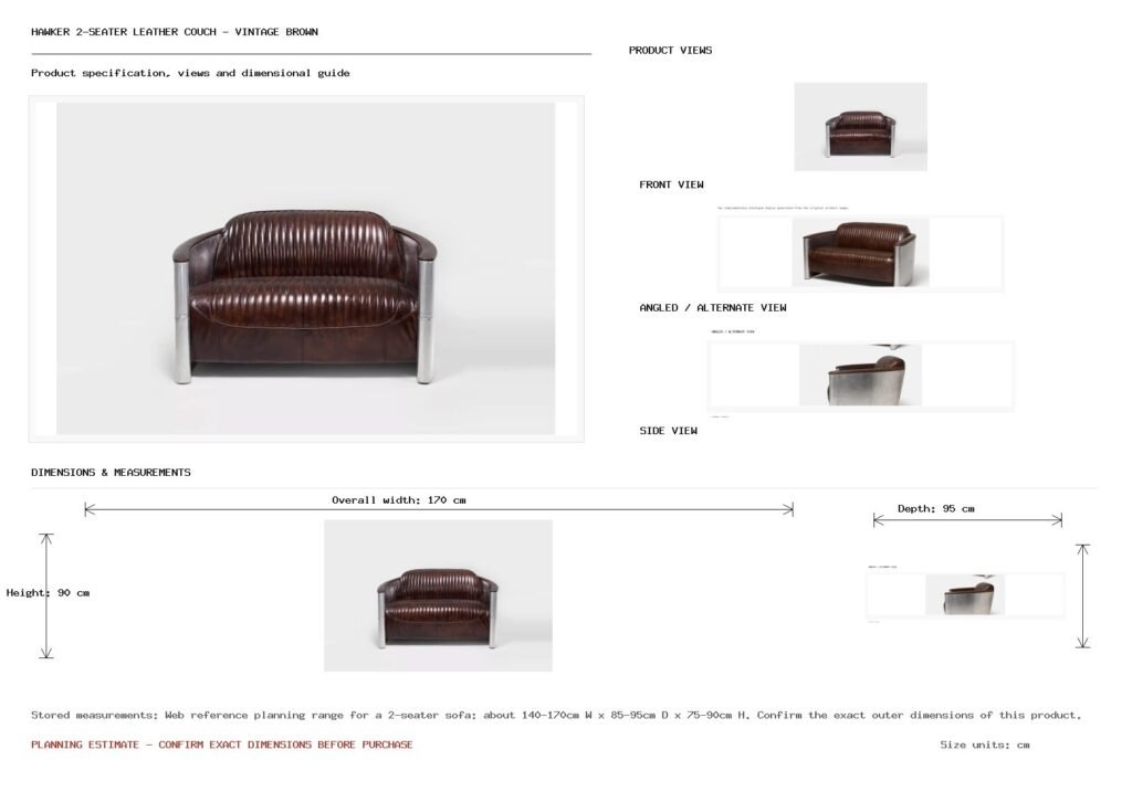Hawker 2-Seater Leather Couch - Vintage Brown Dimension