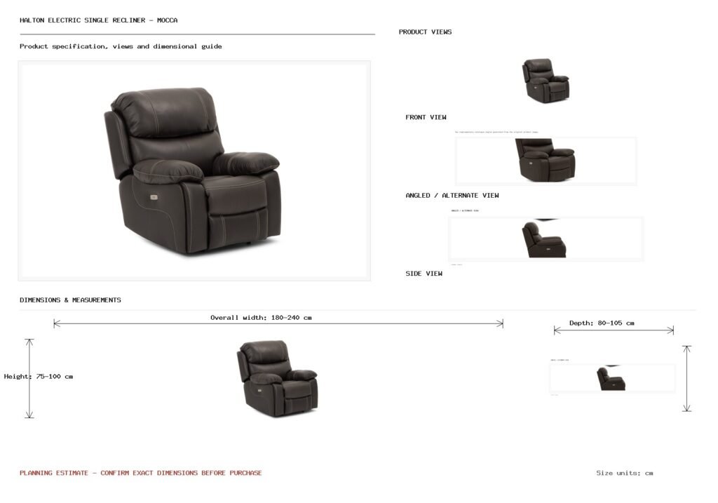 Halton Electric Single Recliner - Mocca Dimension