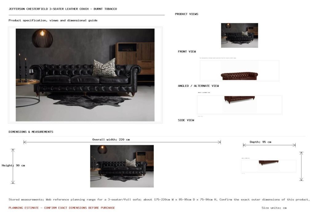 Jefferson Chesterfield 3-Seater Leather Couch - Burnt Tobacco Dimension