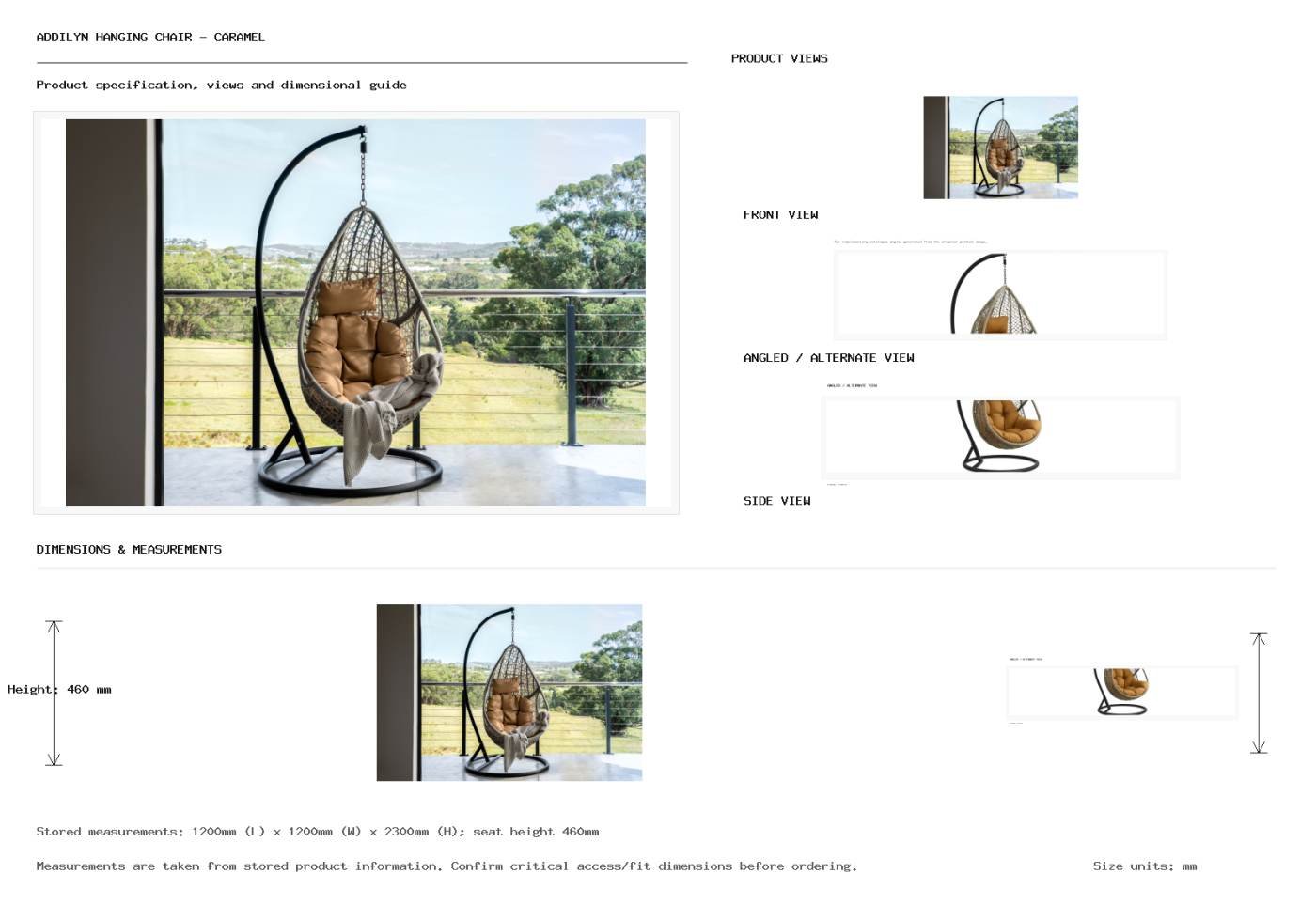 Addilyn Hanging Chair - Caramel Dimension