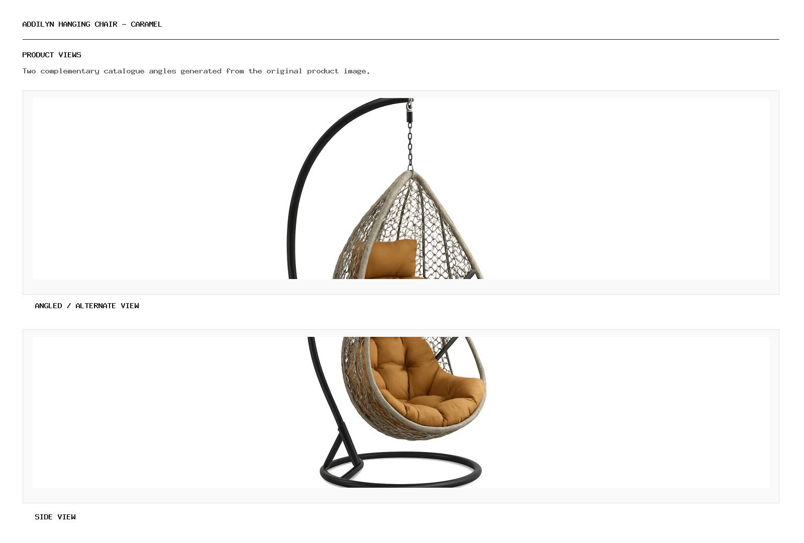 Addilyn Hanging Chair - Caramel angled alternate and side product views