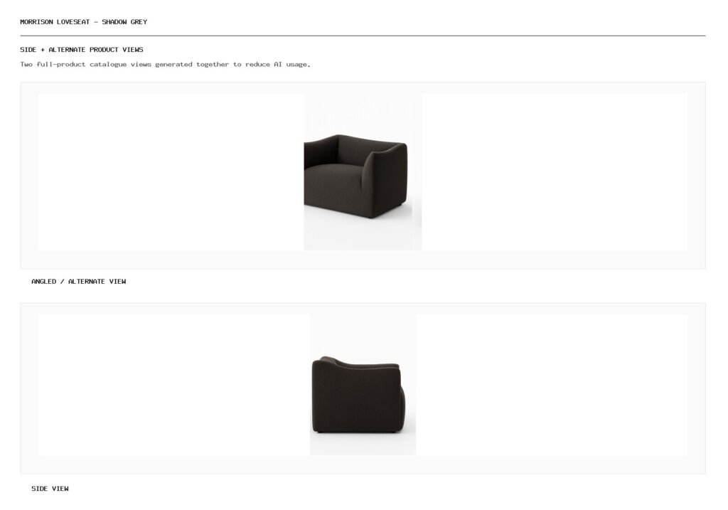 Morrison Loveseat - Shadow Grey angled alternate and side product views