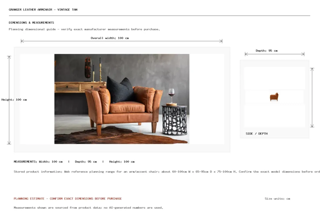 Granger Leather Armchair - Vintage Tan Dimension
