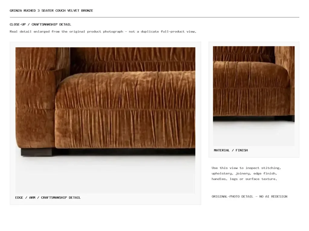Grinza Ruched 3 Seater Couch Velvet Bronze Closeup