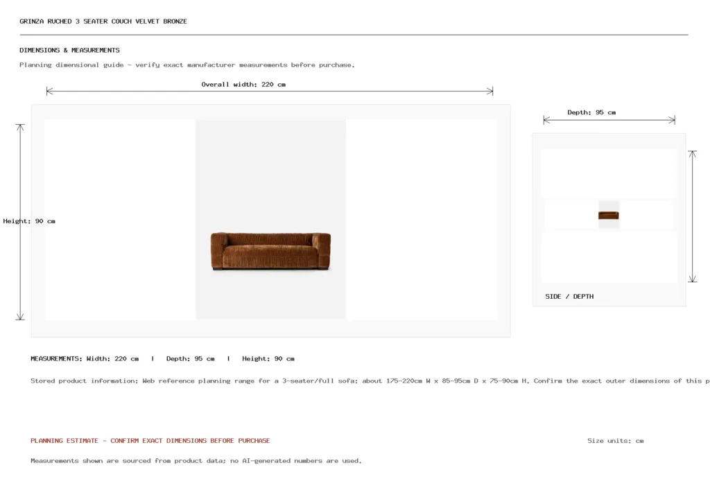 Grinza Ruched 3 Seater Couch Velvet Bronze Dimension