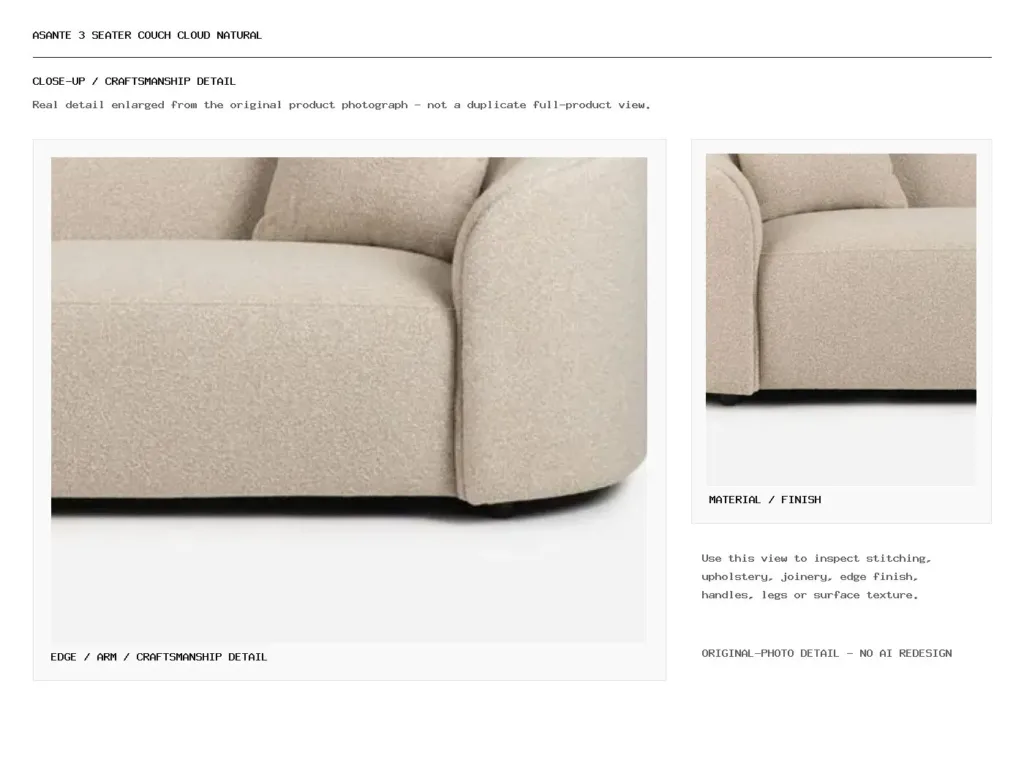 Asante 3 Seater Couch Cloud Natural Closeup