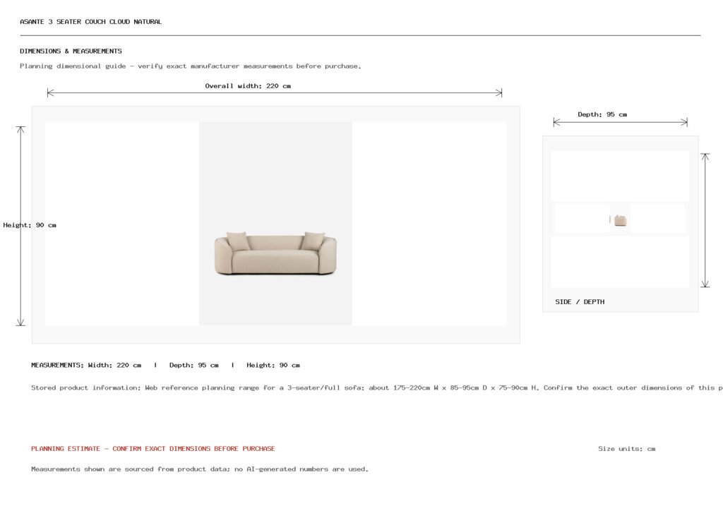 Asante 3 Seater Couch Cloud Natural Dimension