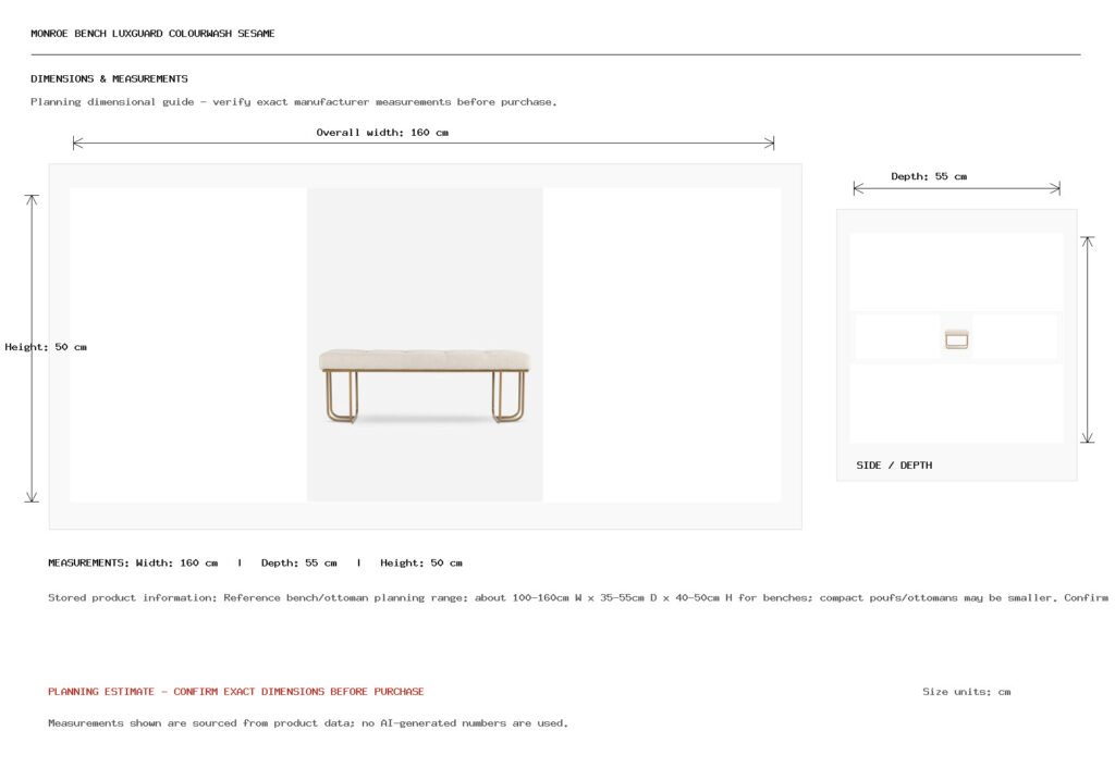 Monroe Bench LuxGuard Colourwash Sesame Dimension