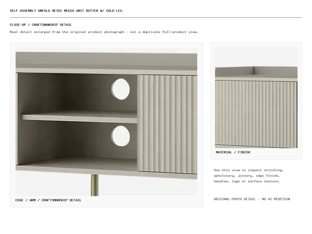 Self Assembly Unfold Heidi Media Unit Butter W/ Gold Leg Closeup