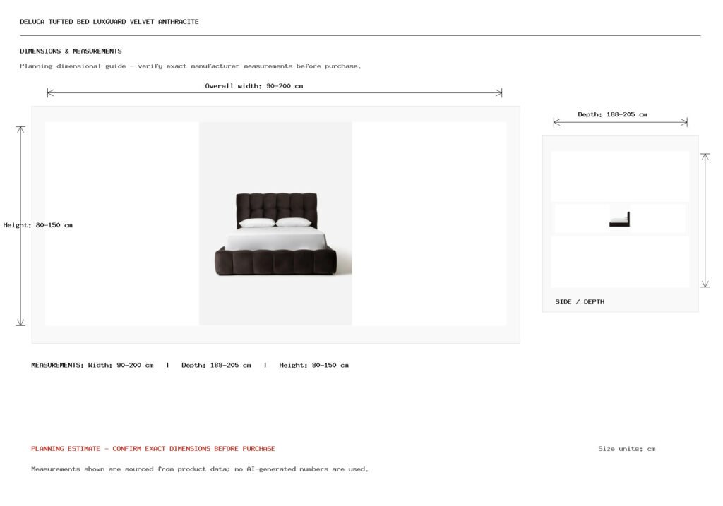 Deluca Tufted Bed LuxGuard Velvet Anthracite Dimension