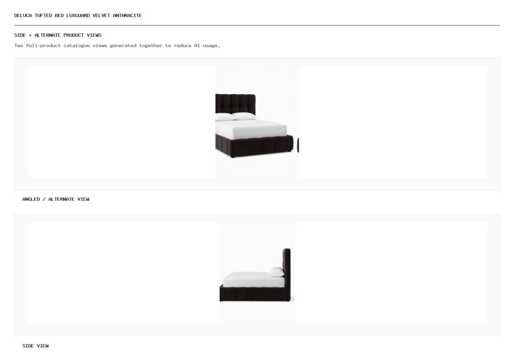 Deluca Tufted Bed LuxGuard Velvet Anthracite angled alternate and side product views