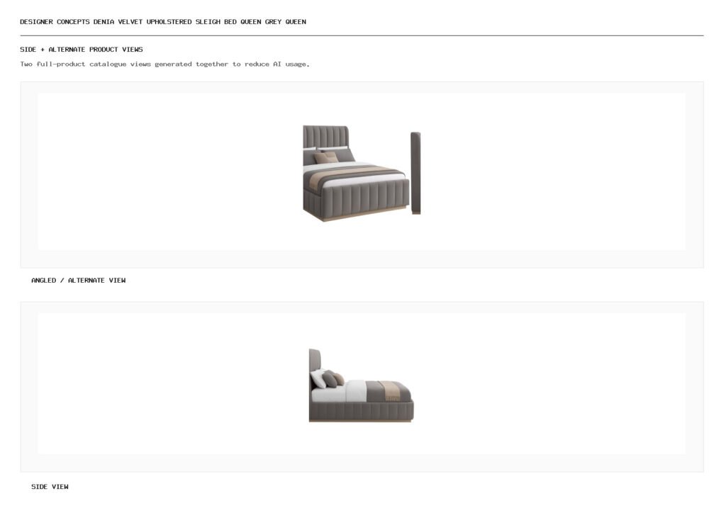 Designer Concepts Denia Velvet Upholstered Sleigh Bed Queen Grey Queen Bed angled alternate and side product views