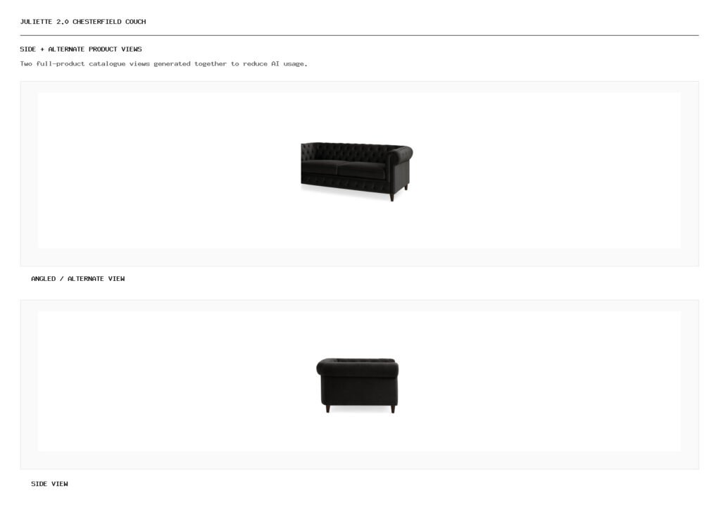 Juliette 2.0 Chesterfield Couch angled alternate and side product views