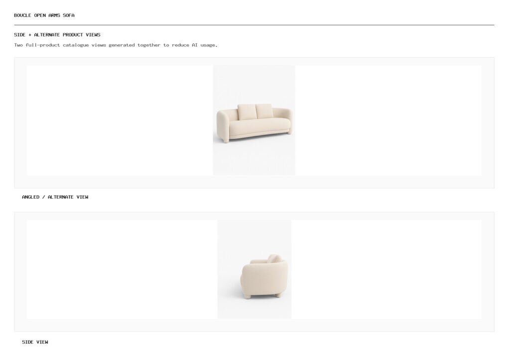 Boucle Open Arms Sofa angled alternate and side product views