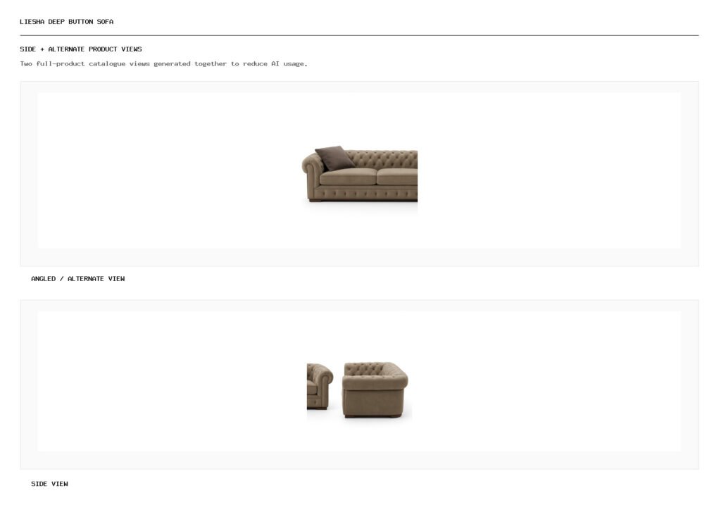 Liesha Deep Button Sofa angled alternate and side product views