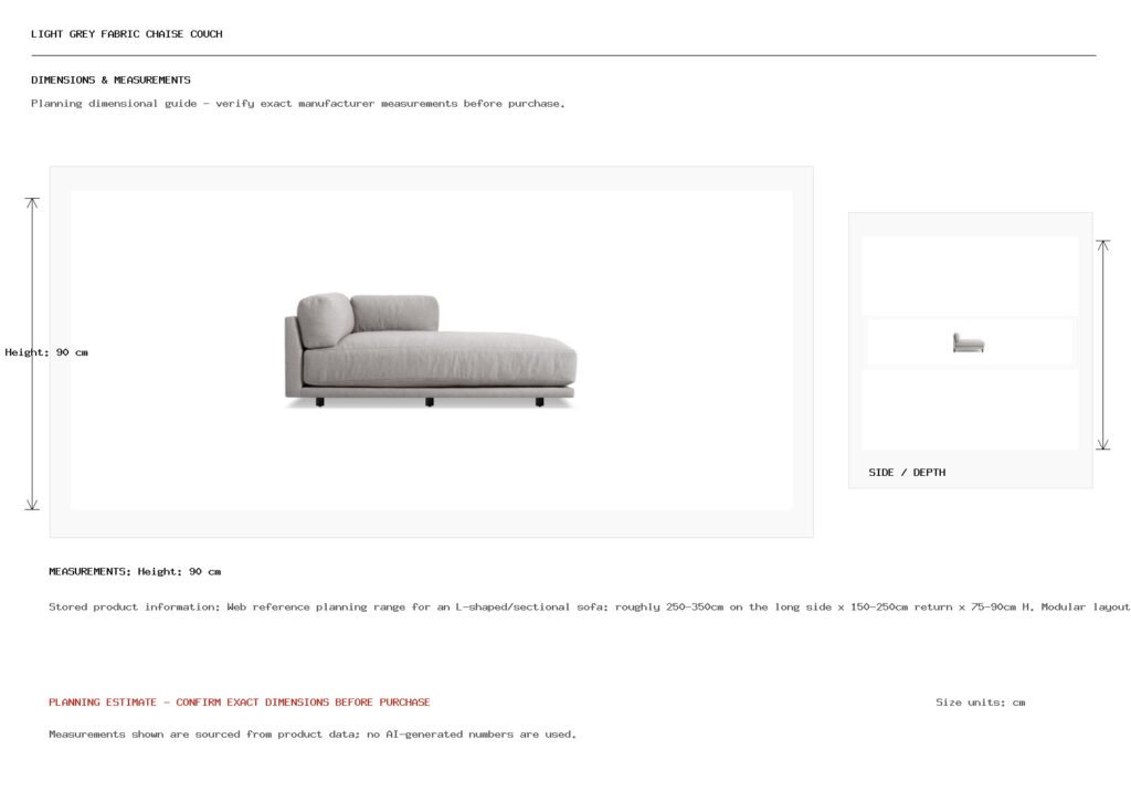 Light Grey Fabric Chaise Couch Dimension