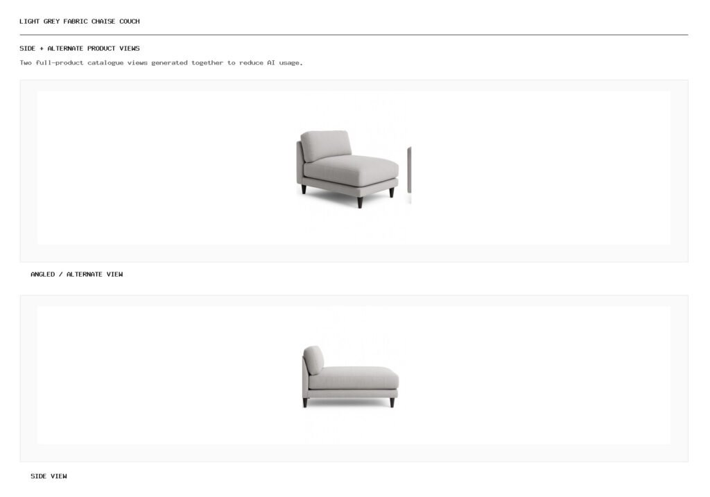 Light Grey Fabric Chaise Couch angled alternate and side product views