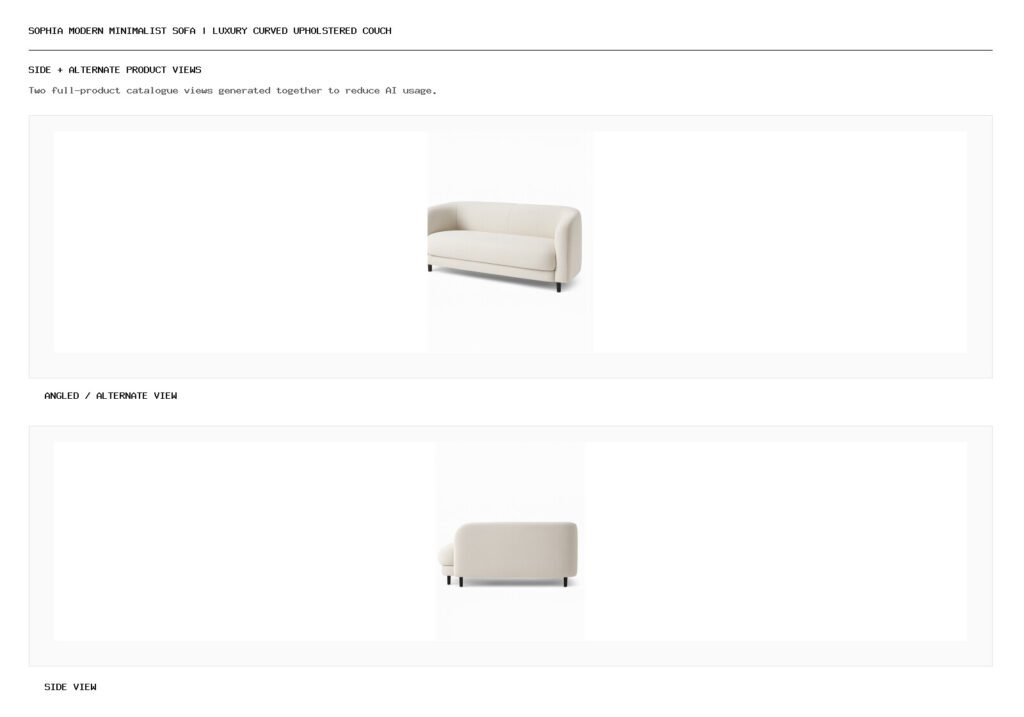 SOPHIA Modern Minimalist Sofa | Luxury Curved Upholstered Couch angled alternate and side product views