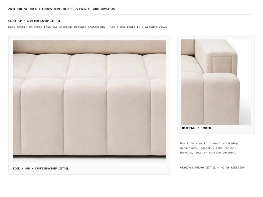 Zack Cinema Couch | Luxury Home Theater Sofa with Wide Armrests Closeup