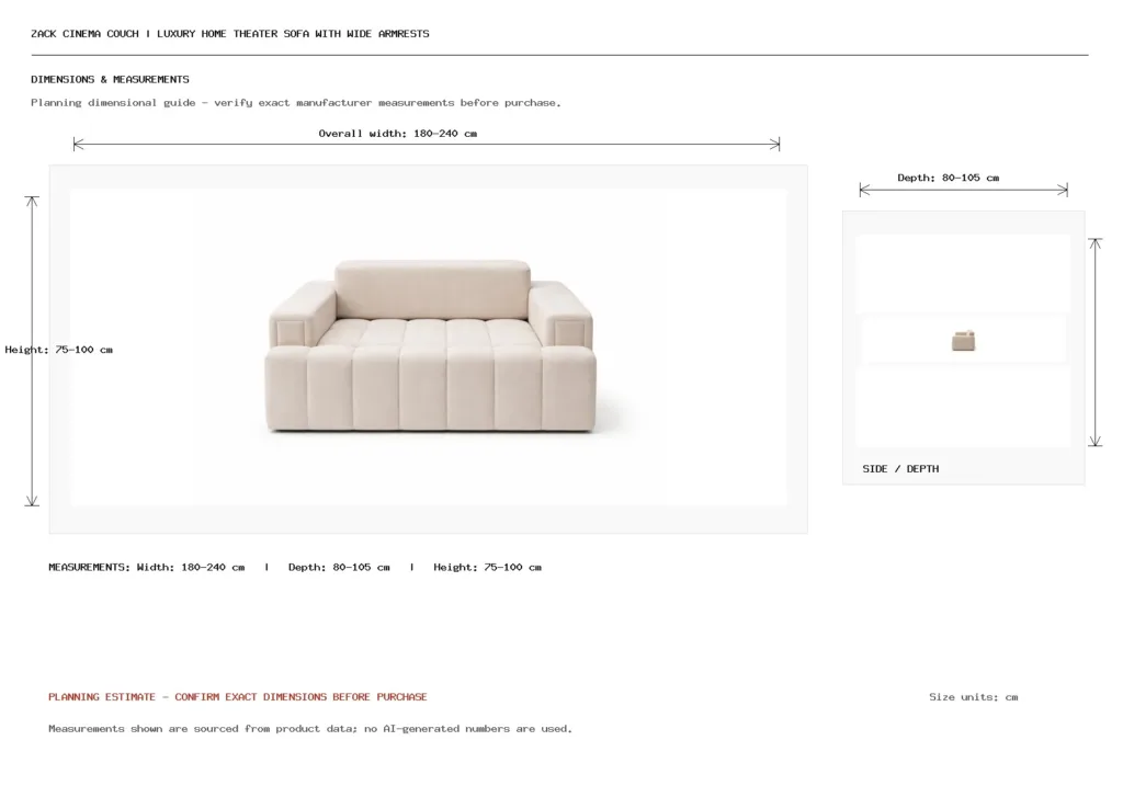 Zack Cinema Couch | Luxury Home Theater Sofa with Wide Armrests Dimension