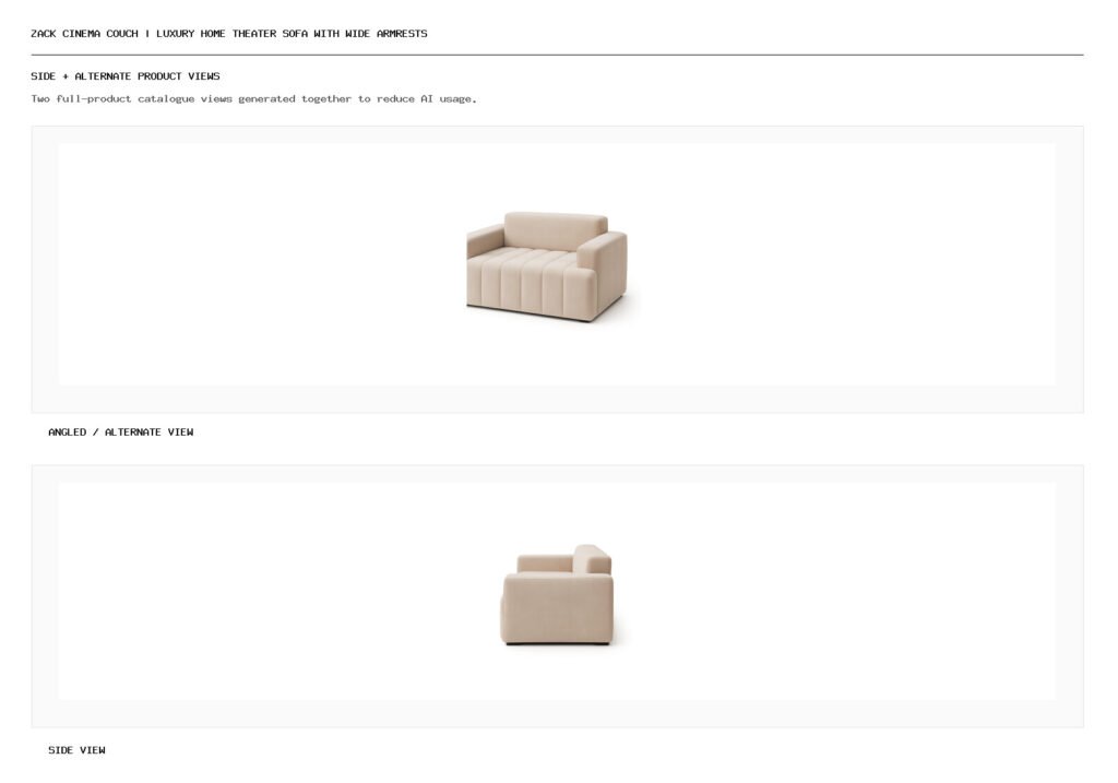 Zack Cinema Couch | Luxury Home Theater Sofa with Wide Armrests angled alternate and side product views