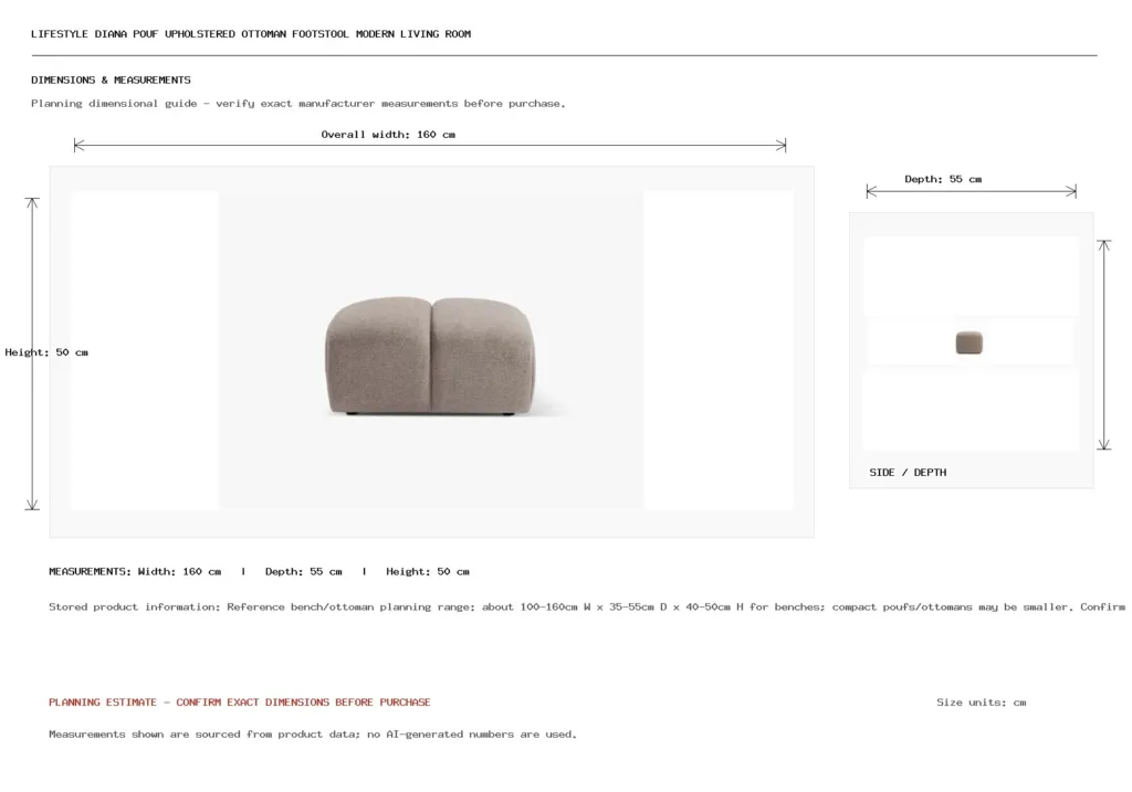 Lifestyle Diana Pouf Upholstered Ottoman Footstool Modern Living Room Furniture Dimension