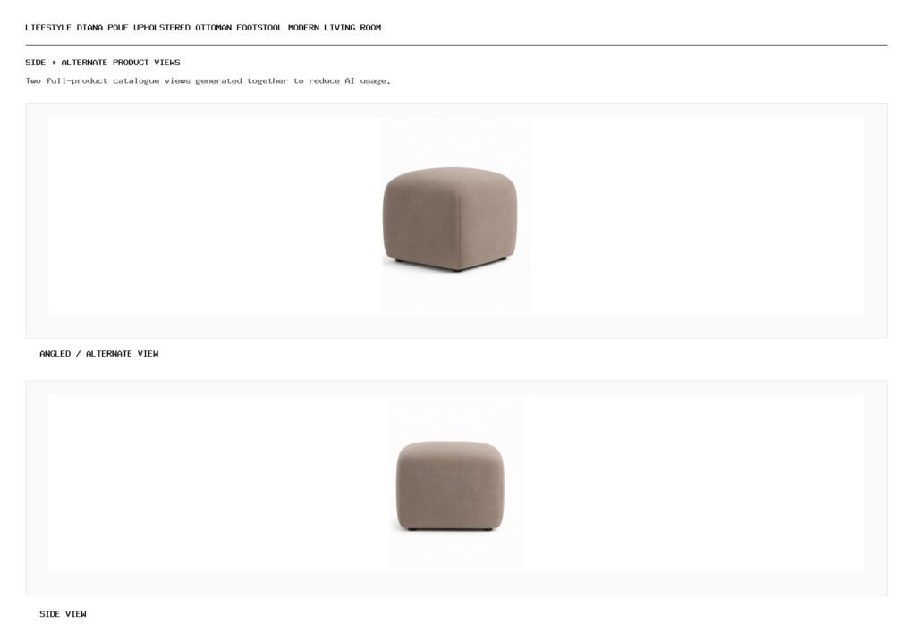 Lifestyle Diana Pouf Upholstered Ottoman Footstool Modern Living Room Furniture angled alternate and side product views