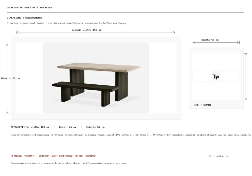 Dean dining table with Bench Set Dimension