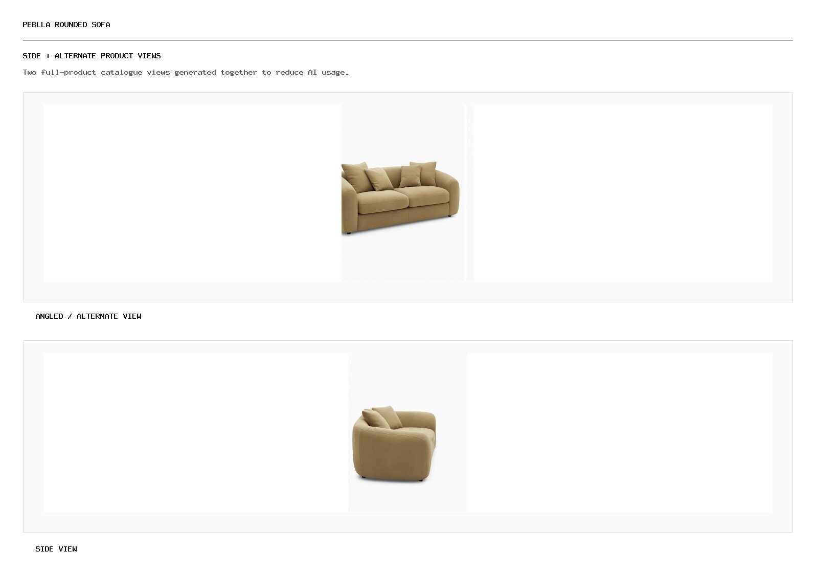 Peblla Rounded Sofa angled alternate and side product views
