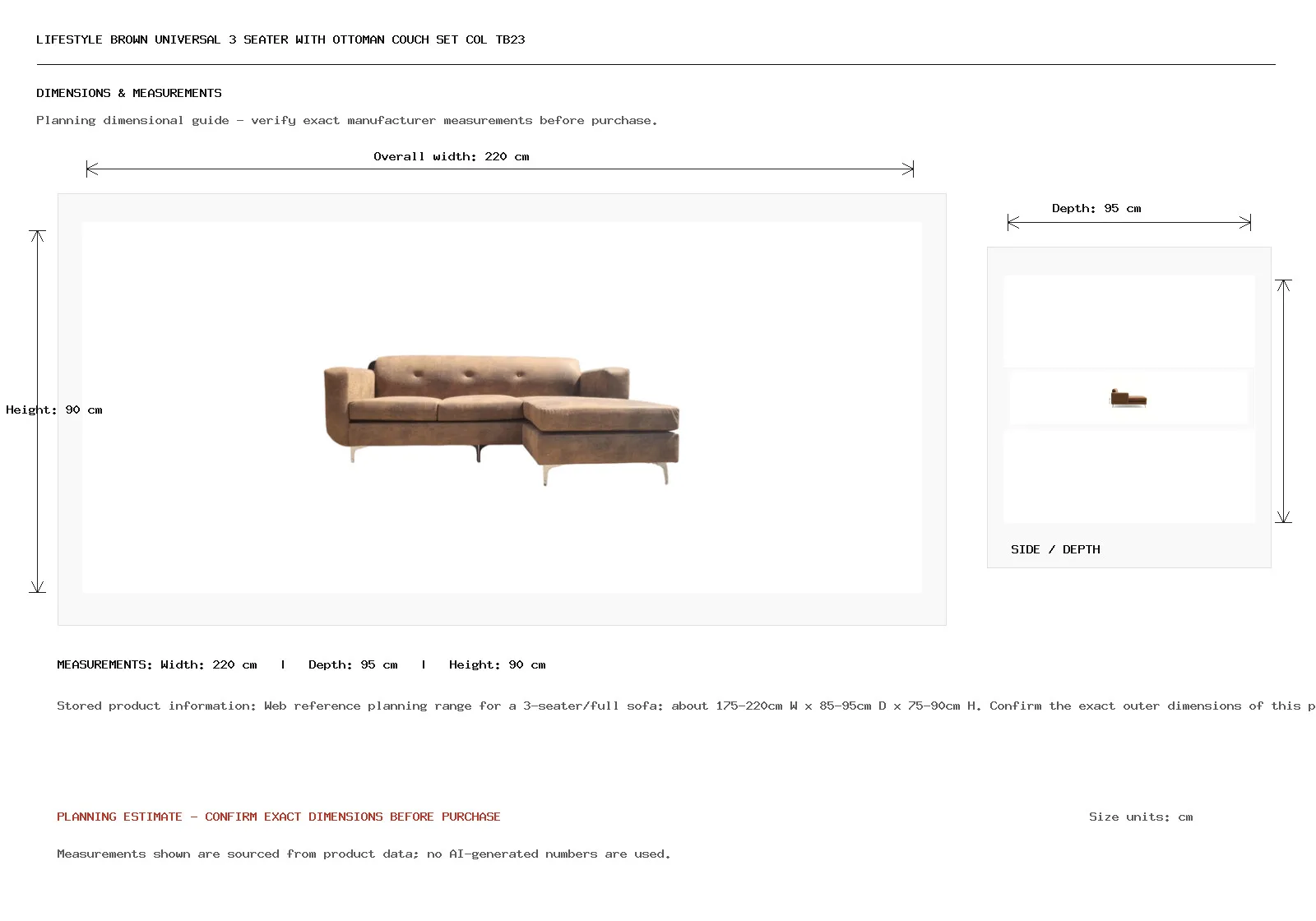 Lifestyle Brown Universal 3 Seater With Ottoman Couch Set Col Tb23 Dimension