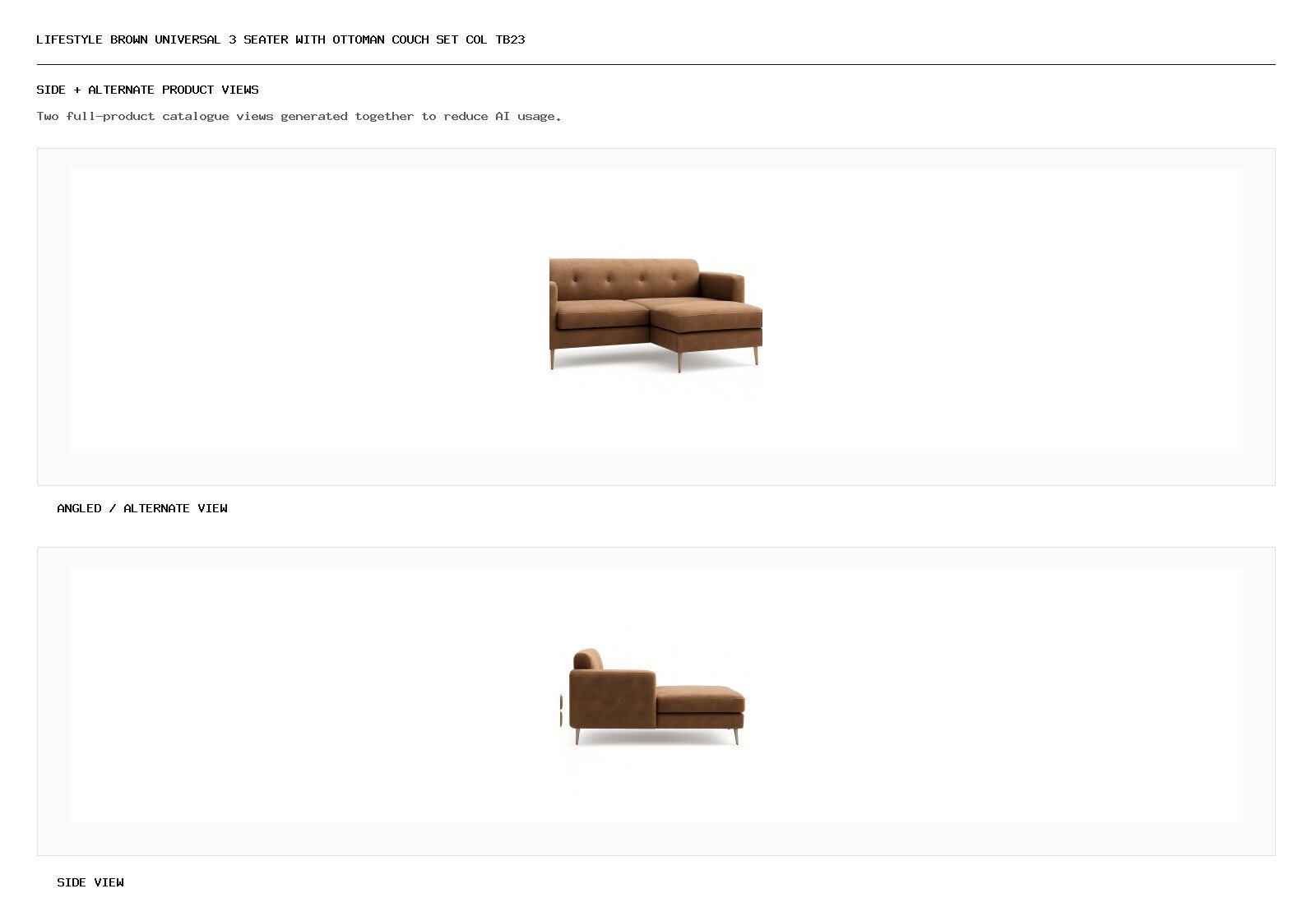 Lifestyle Brown Universal 3 Seater With Ottoman Couch Set Col Tb23 angled alternate and side product views